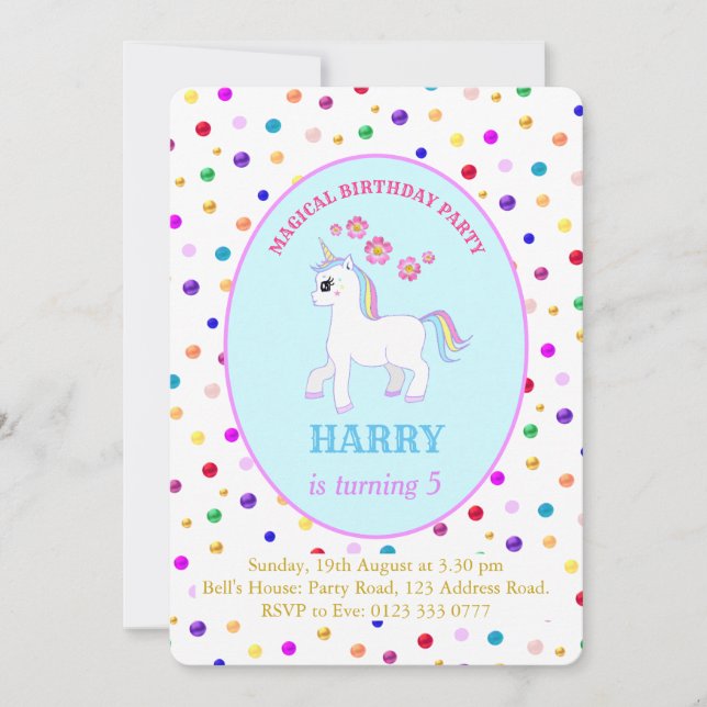 Invitación Fiesta de cumpleaños de Unicornio adorable (Anverso)