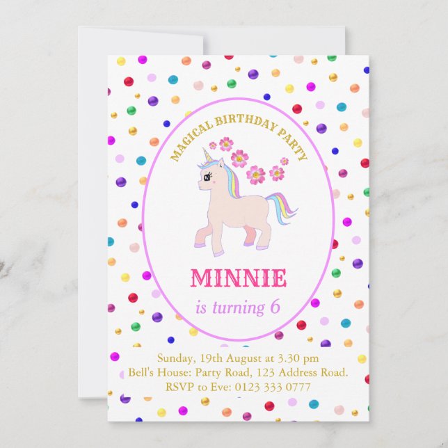 Invitación Fiesta de cumpleaños de Unicornio adorable (Anverso)