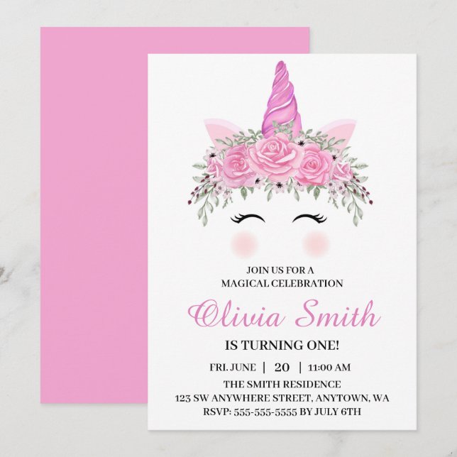 Invitación Fiesta de Cumpleaños de Unicornio Adorable con Nom (Anverso / Reverso)
