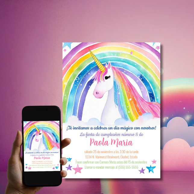 Invitación Fiesta de Cumpleaños de Unicornio Arcoíris Español (Subido por el creador)
