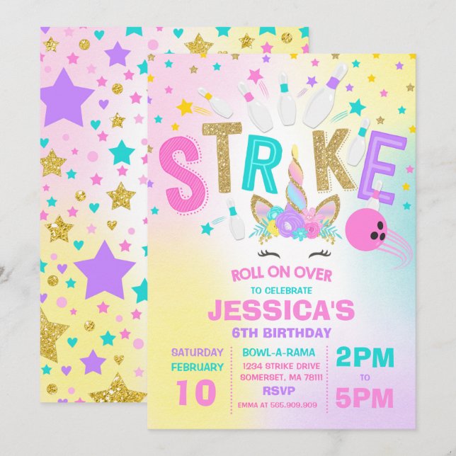 Invitación Fiesta de cumpleaños de unicornio Bowling (Anverso / Reverso)