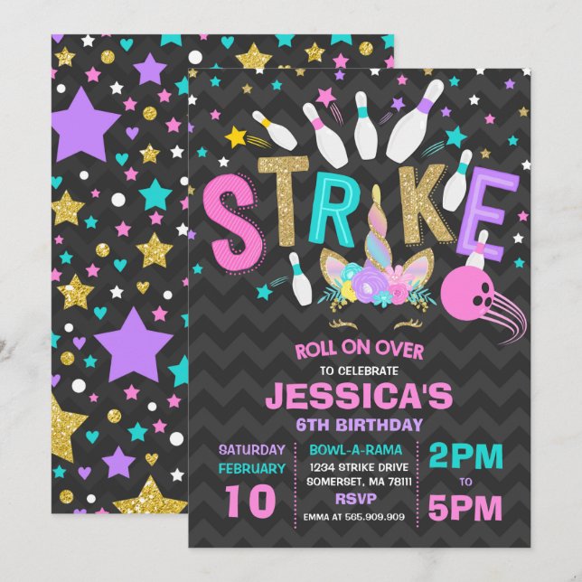 Invitación Fiesta de cumpleaños de unicornio Bowling (Anverso / Reverso)