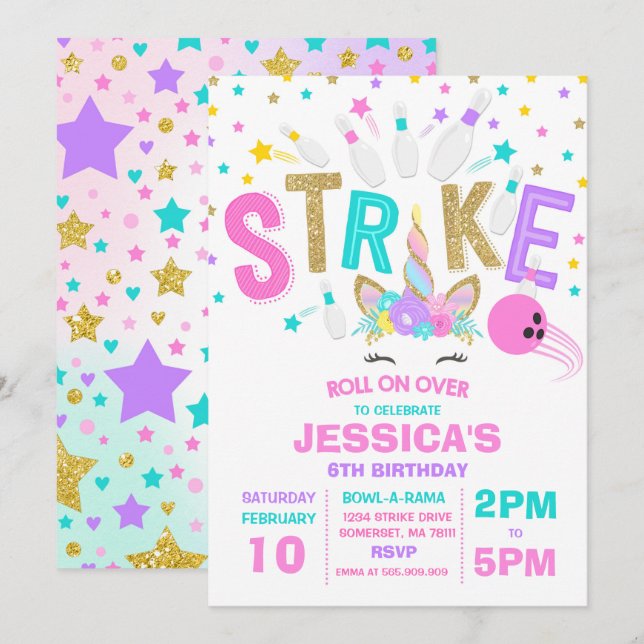 Invitación Fiesta de cumpleaños de unicornio Bowling (Anverso / Reverso)