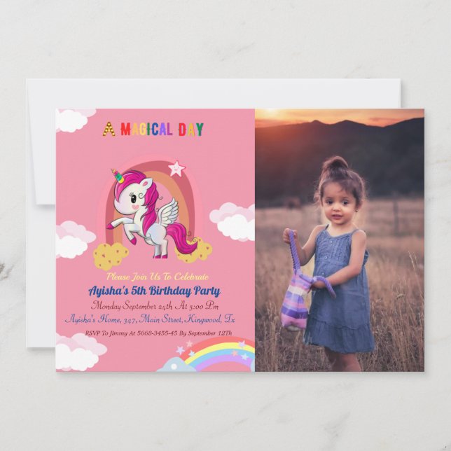 Invitación Fiesta de cumpleaños de Unicornio, chica Rosa Cute (Anverso)
