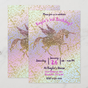 Invitación Fiesta de Cumpleaños de Unicornio con Brillo Dorad