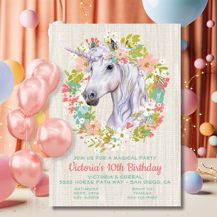 Invitación Fiesta de cumpleaños de unicornio con corona de fl