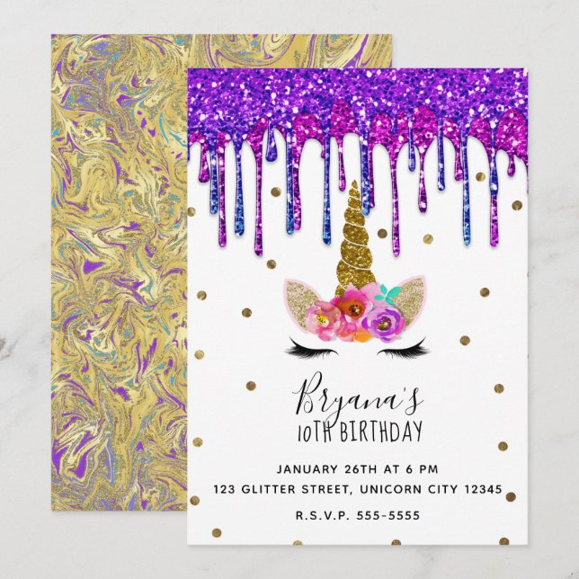 Invitación Fiesta de Cumpleaños de Unicornio con Destellos de (Anverso / Reverso)