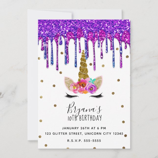 Invitación Fiesta de Cumpleaños de Unicornio con Destellos de (Anverso)