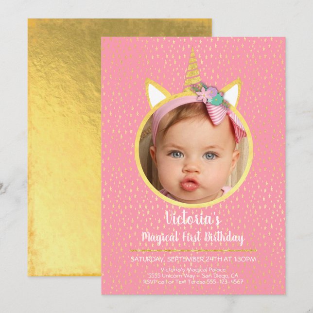 Invitación Fiesta de cumpleaños de Unicornio con foto (Anverso / Reverso)