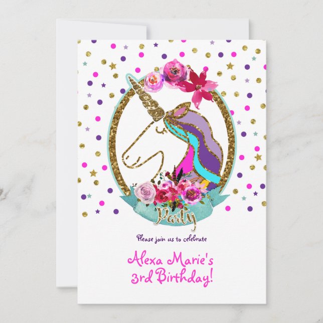 Invitación Fiesta de Cumpleaños de Unicornio con Lunares de P (Anverso)
