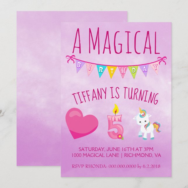 Invitación Fiesta de cumpleaños de Unicornio de cinco años (Anverso / Reverso)