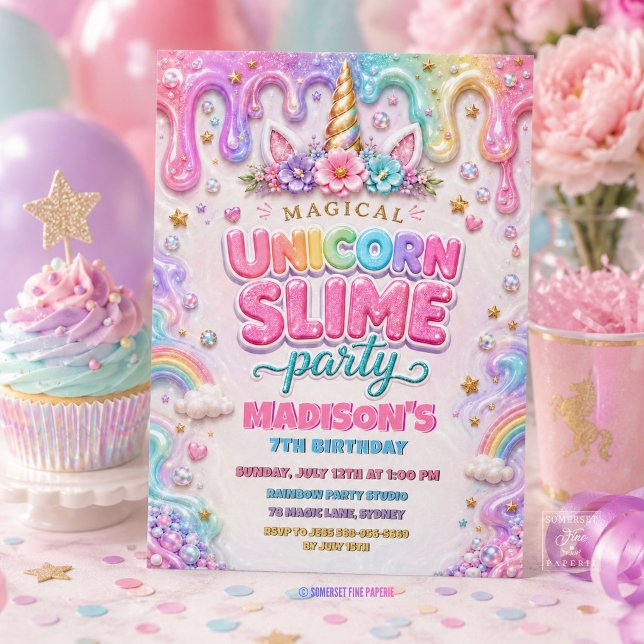 Invitación Fiesta de Cumpleaños de Unicornio de Slime de Arco (Zazzle Magical Rainbow Unicorn Slime Birthday Party Invitation Card)