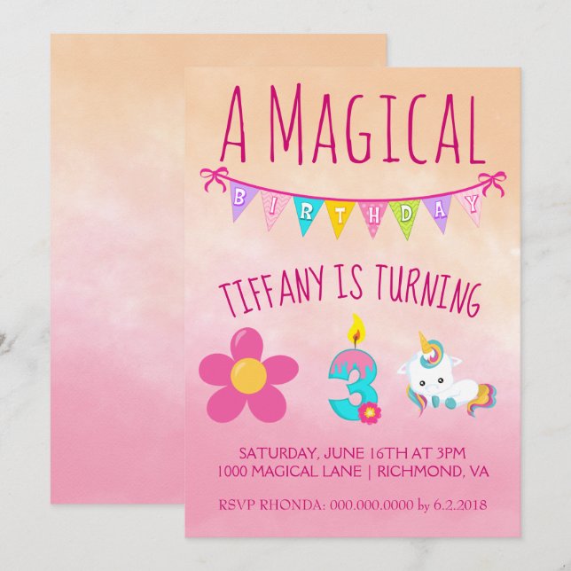Invitación Fiesta de cumpleaños de Unicornio de tres años (Anverso / Reverso)