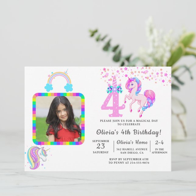 Invitación Fiesta de cumpleaños de Unicornio editable (Anverso de pie)