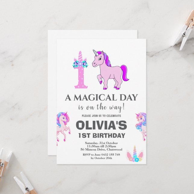 Invitación Fiesta de cumpleaños de Unicornio editable (Anverso/Reverso In Situ)