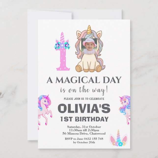 Invitación Fiesta de cumpleaños de Unicornio editable (Anverso)