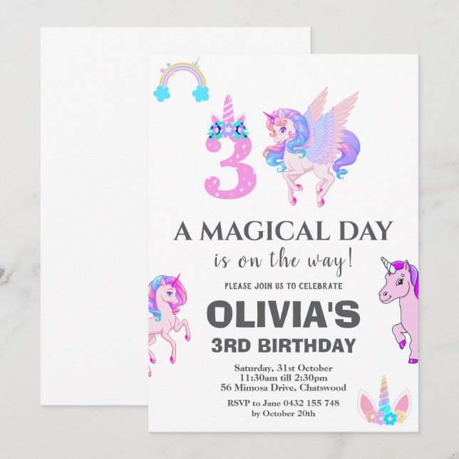 Invitación Fiesta de cumpleaños de Unicornio editable (Anverso / Reverso)