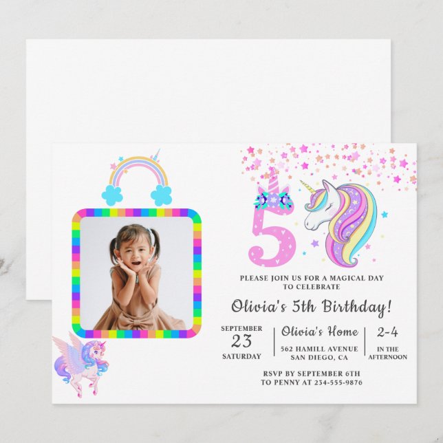 Invitación Fiesta de cumpleaños de Unicornio editable (Anverso / Reverso)
