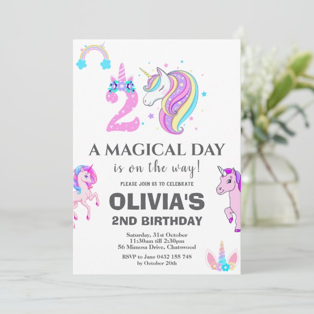 Invitación Fiesta de cumpleaños de Unicornio editable (Anverso de pie)