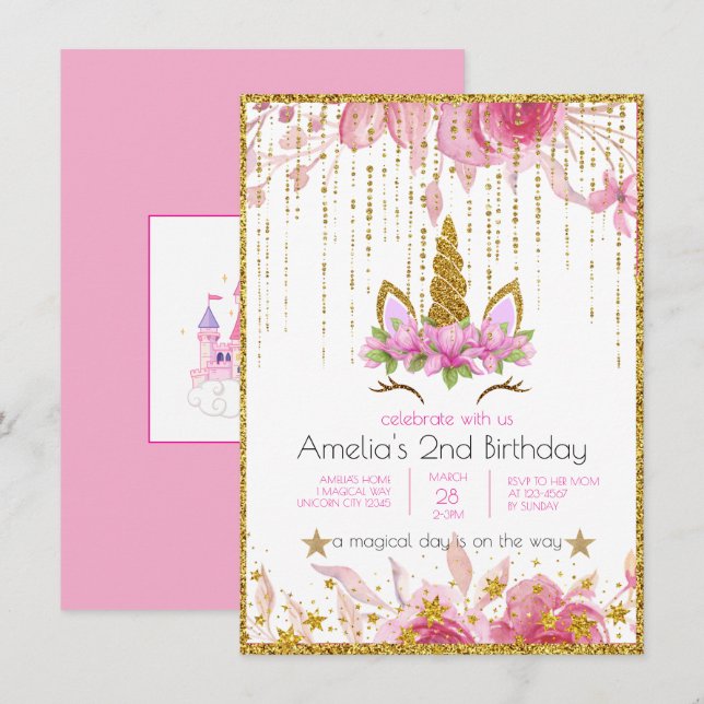 Invitación Fiesta de cumpleaños de unicornio floral rosa (Anverso / Reverso)