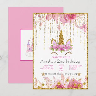 Invitación Fiesta de cumpleaños de unicornio floral rosa