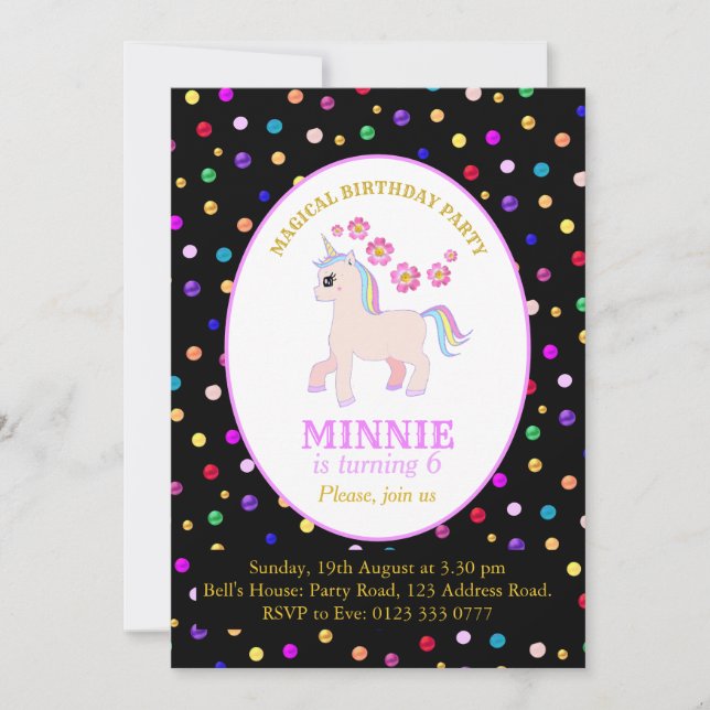 Invitación Fiesta de cumpleaños de unicornio lindo (Anverso)