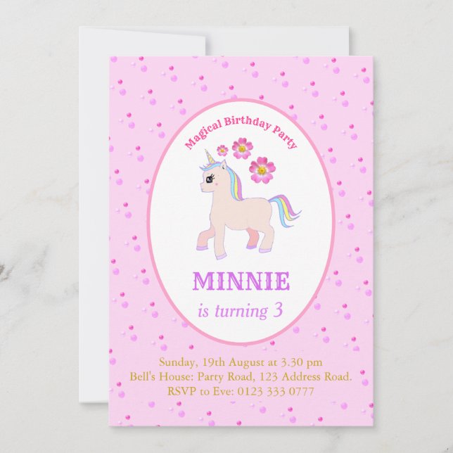 Invitación Fiesta de cumpleaños de unicornio lindo (Anverso)