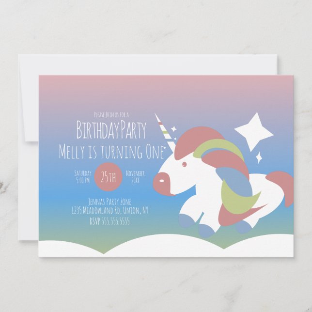 Invitación Fiesta de Cumpleaños de Unicornio Nubes Gradiente  (Anverso)