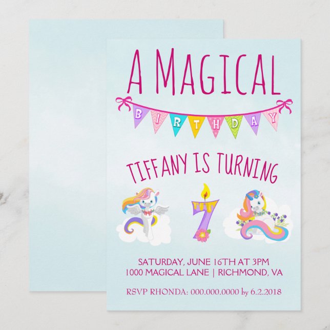 Invitación Fiesta de cumpleaños de Unicornio para 7 años (Anverso / Reverso)