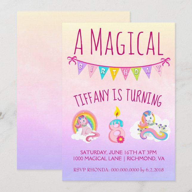 Invitación Fiesta de cumpleaños de Unicornio para 8 años (Anverso / Reverso)