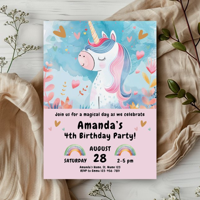 Invitación Fiesta de cumpleaños de Unicornio para Chicas rosa (Subido por el creador)
