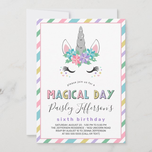 Invitación Fiesta de cumpleaños de Unicornio Pastel (Anverso)