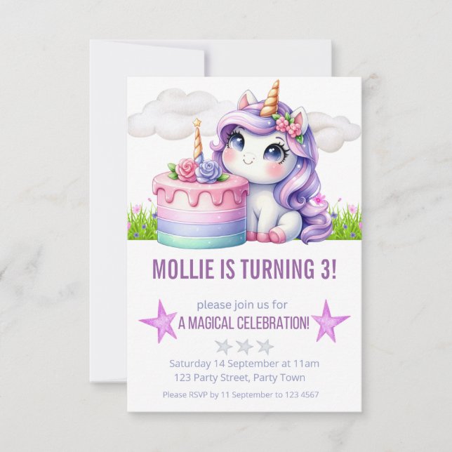 Invitación Fiesta de cumpleaños de Unicornio Princesa Morada (Anverso)
