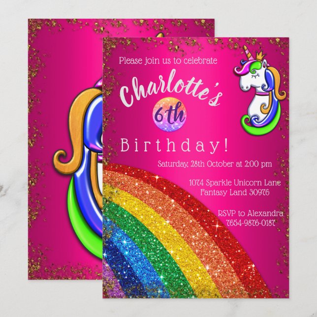 Invitación Fiesta de cumpleaños de Unicornio rosa Purpurina d (Anverso / Reverso)