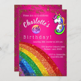 Invitación Fiesta de cumpleaños de Unicornio rosa Purpurina d