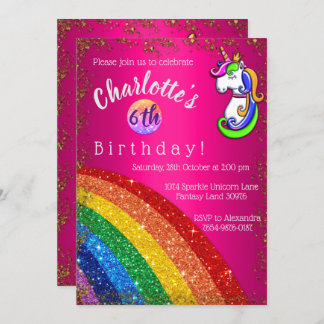 Invitación Fiesta de cumpleaños de Unicornio rosa Purpurina d