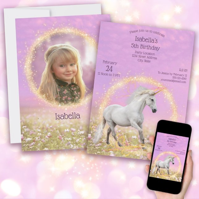 Invitación Fiesta de Cumpleaños de Unicornio Rosa y Lavanda + (Magical Unicorn Happy Birthday Pink and Lavender Invitation Photo Template on back)