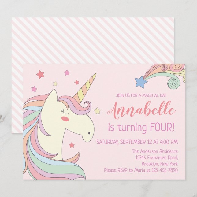 Invitación Fiesta de cumpleaños de Unicornio sobre las estrel (Anverso / Reverso)
