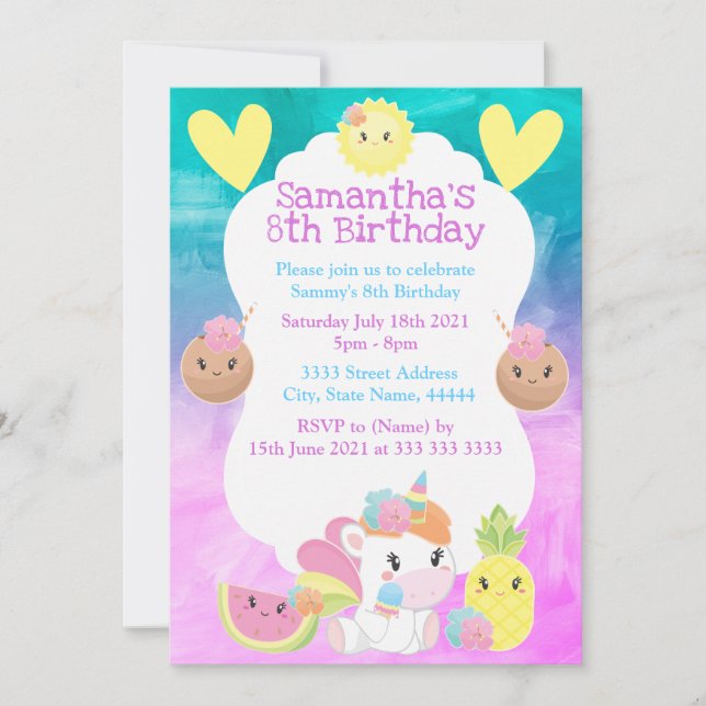 Invitación Fiesta de cumpleaños de Unicornio tropical de vera (Anverso)