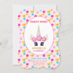 Invitación Fiesta de cumpleaños de Unicornio y Caras Felices