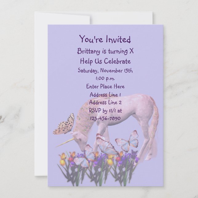 Invitación Fiesta De Cumpleaños De Unicornio Y Mariposas (Anverso)