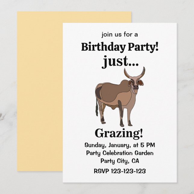 Invitación Fiesta de Cumpleaños de Vaca Animal Cebú (Anverso / Reverso)