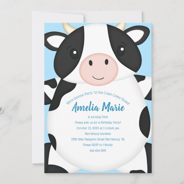 Invitación Fiesta de cumpleaños de vaca azul (Anverso)