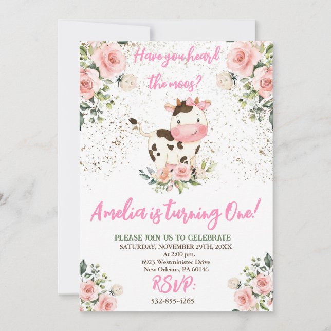 Invitación Fiesta de cumpleaños de vaca, Chica rosado y de or (Anverso)