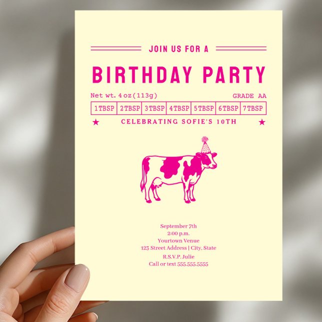 Invitación Fiesta de Cumpleaños de Vaca de Mantequilla Rosa C (Subido por el creador)
