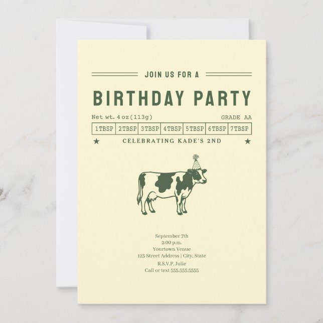 Invitación Fiesta de Cumpleaños de Vaca de Mantequilla Verde (Anverso)