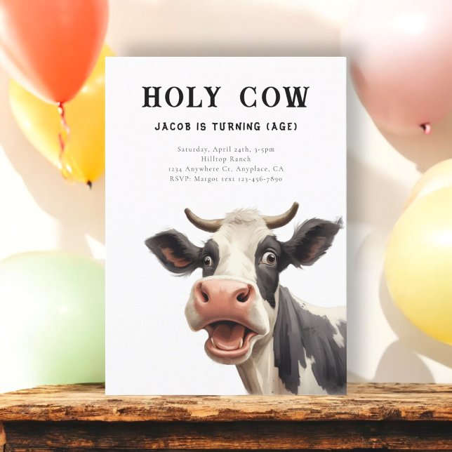 Invitación fiesta de cumpleaños de vaca sagrada (holy cow cute simple birthday invitation featuring a fun  watercolor cow looking shocked )