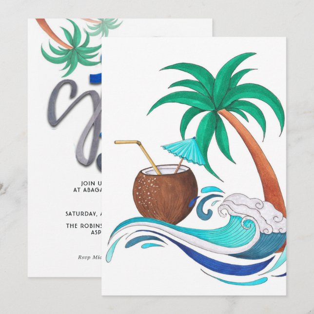Invitación Fiesta de cumpleaños de vacaciones en la playa de  (Anverso / Reverso)