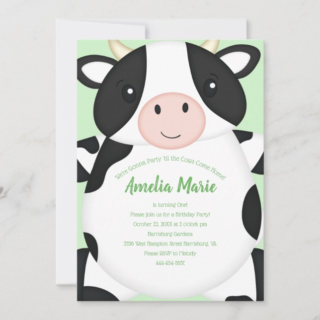 Invitación Fiesta de cumpleaños de vacas verde (Anverso)