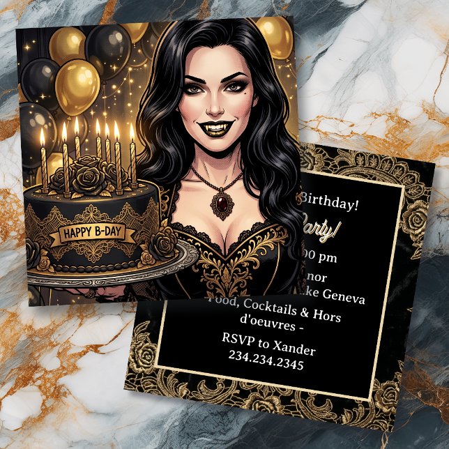 Invitación Fiesta de cumpleaños de vampiro gótico | Negro y d (Subido por el creador)